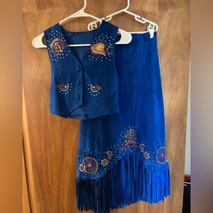 Blue Thin Ultra Suede Western Embroidered Vest and Skirt Set Youth Rodeo Queen